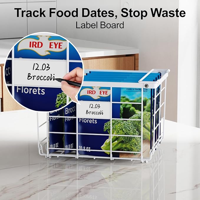 iSPECLE Deep Freezer Organizer Bins - for 3.5 Cu.Ft Chest freezer, 3 Pack Stackable Chest Freezer Organizer with Label Plates & Folding Handles, Heavy Duty Metal Storage, Assembly Required, White