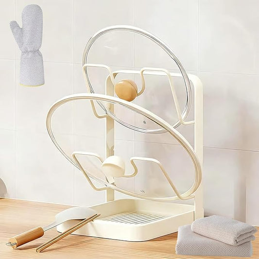 Kitchen Pot Lid Storage Rack, Multifunctional Stainless Steel Lid Holder with Removable Drip Tray & Spoon Rest, Pot Cover Organizer for Countertop and Stove Top Cooking (Beige, Double-layer)