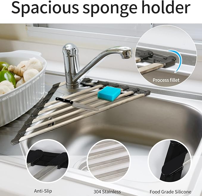 Triangle Dish Drying Rack for Sink Corner Roll Up Dish Drying Rack Folding Stainless Steel Multipurpose Over the Sink Corner Dish Drainer Mat for Kitchen (Hard and Stable Black)