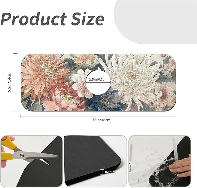 Kitchen Sink Splash Guard，Array of flowers Faucet Mat Sink Gadgets-Super Absorbent Fast Drying Mat Drip Catcher for Kitchen, Bathroom,Sink Mat, Dish Drying Mat, Bathroom(15" X 5.5" )
