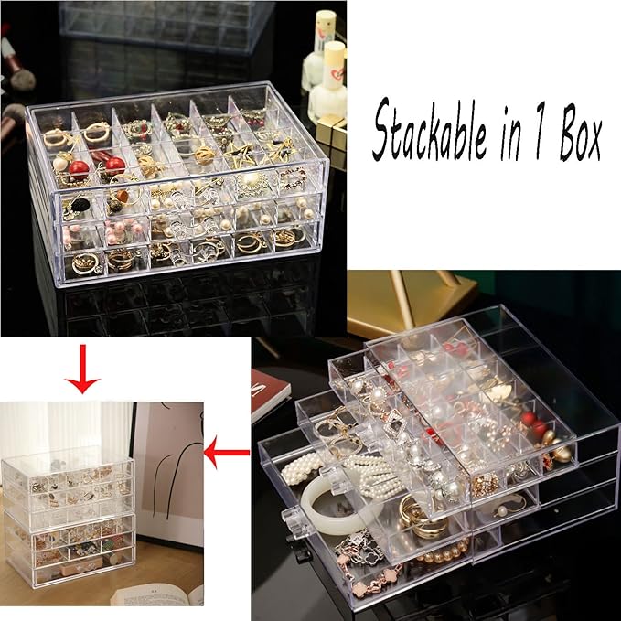 Earring Jewelry organizer Storage Box 3 Drawers Clear Acrylic Earring Jewelry Box for Women Girls