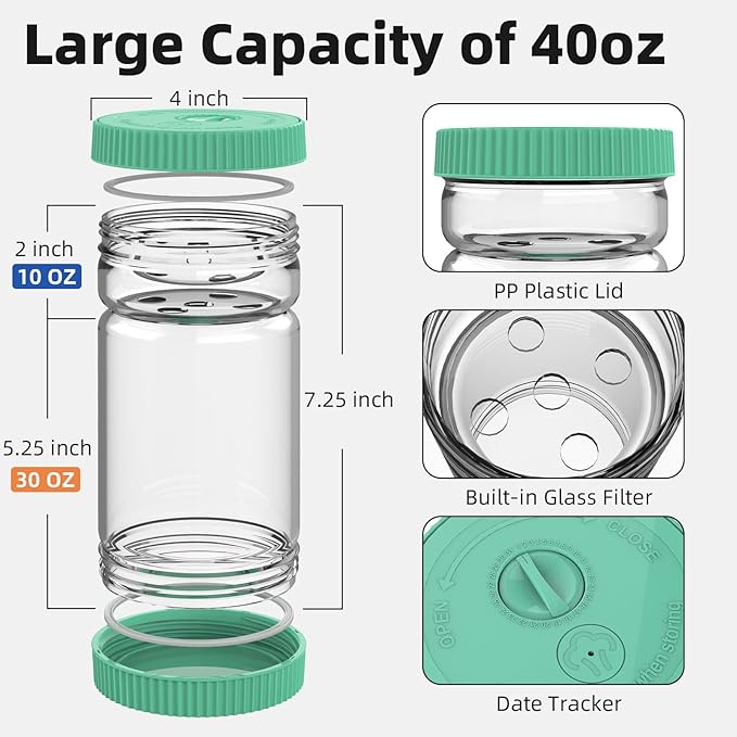 Glass Pickle Jar with Strainer Flip, 40oz Hourglass Airtight Container, Easy Open Refrigerator Storage Pickles Juice Separator for Olive Jalapeno Gherkin, Green