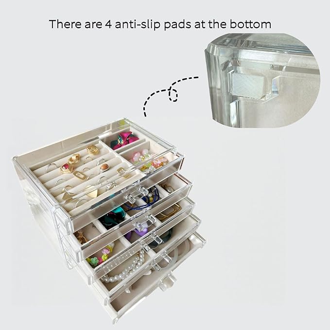 Clear Acrylic Jewelry Organizer with 5 Drawers, Acrylic Jewelry Box with Velvet Trays for Women, Transparent Earrings Display Holder for Storing Necklaces Earrings Rings, Beige