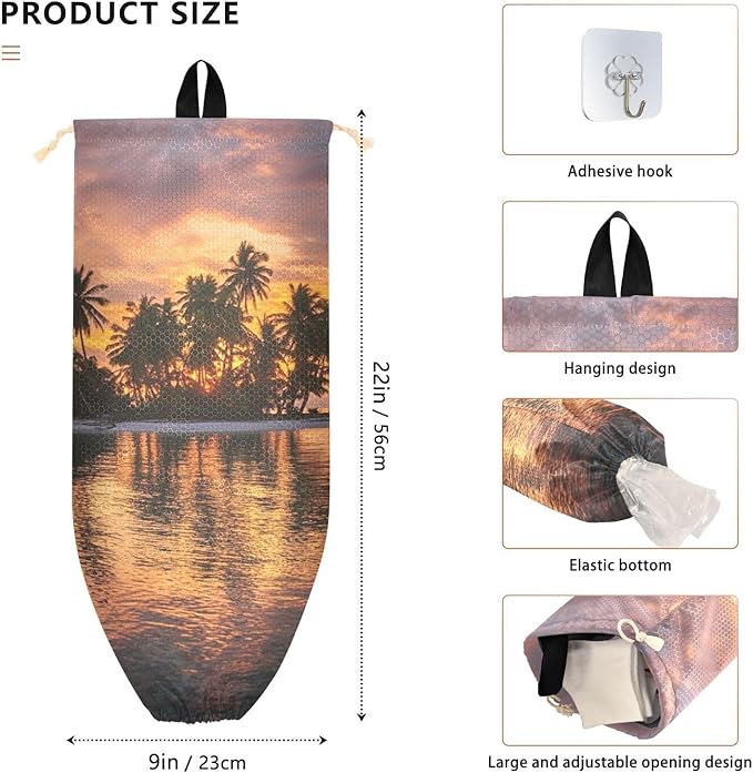 Plastic Bag Holder Wall Mount Grocery Bag Shopping Bag Storage Holder Organizer Dispenser with Adhesive Hook,for Kitchen Bathroom Home Decor 9x22 Inches Sunset Summer Palm Trees Island41