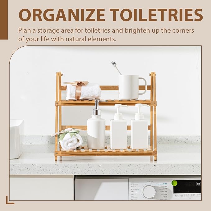 Matcha Station Shelf,15.7'' Coffee Station Organizer, 2 Tiers Bamboo Mug Holder Countertop,Desktop Flower Pot Rack for Home Living Room Window Sill Foldable Display Storage Shelf(Wood)