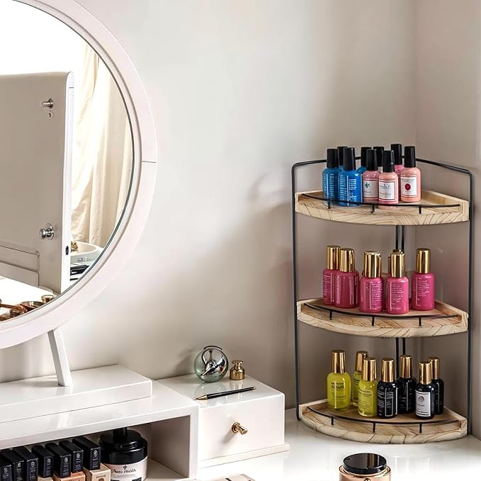 3-Tier Corner Bathroom Counter Organizer - Bathroom Counter Corner Shelf with Rustic Wood & Metal Frame, Space-Saving Vanity Tray for Toiletries, Cosmetics (16.5" x 7.6" x 7.6")