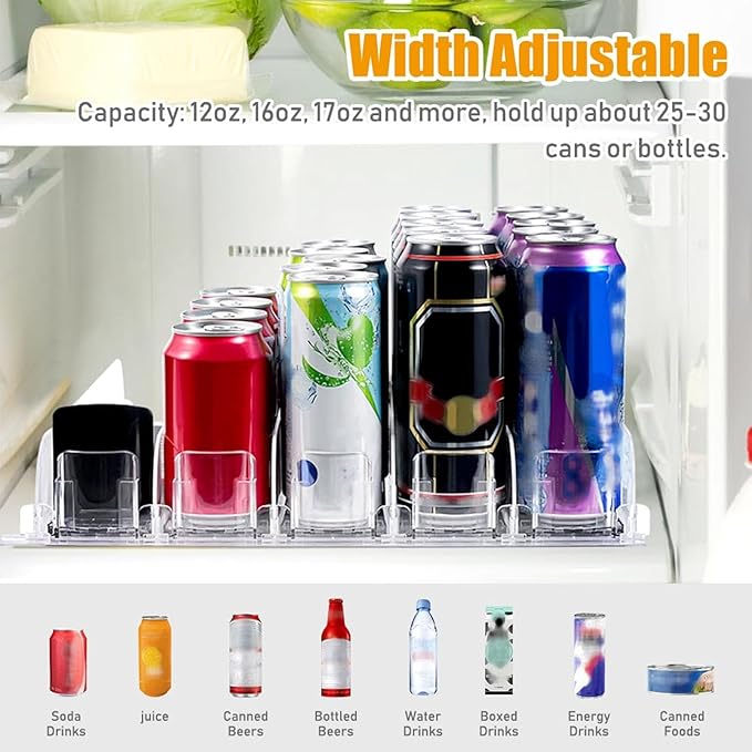 FLEXMAN Drink Organizer for Fridge, 6 Rows Adjustable Width Spring Loaded Drink Dispenser, Beverage Dispenser, Water Bottle Organizer for Soda, Beer, Wine, Sparkling Wine (White)