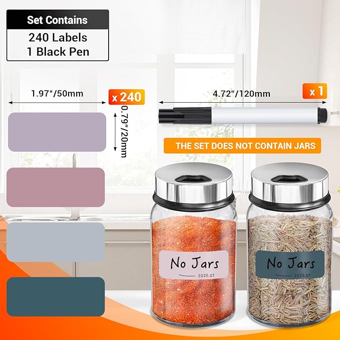 Segarty Labels for Food Containers, 240 Pcs Colorful Blank Label Stickers with 1 Black Pen to Wrtie On, Reusable Removable Pantry Stickers for Glass Spice Jars, Bottles, Mason, Kitchen Organizing