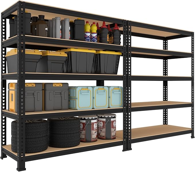 5 Tier Garage Storage Shelves - 32" W x 16" D x 63" H Adjustable Heavy Duty Metal Shelving Unit, Garage Shelving Utility Storage Rack for Basement, Pantry, Kitchen, Black, 2 PCS
