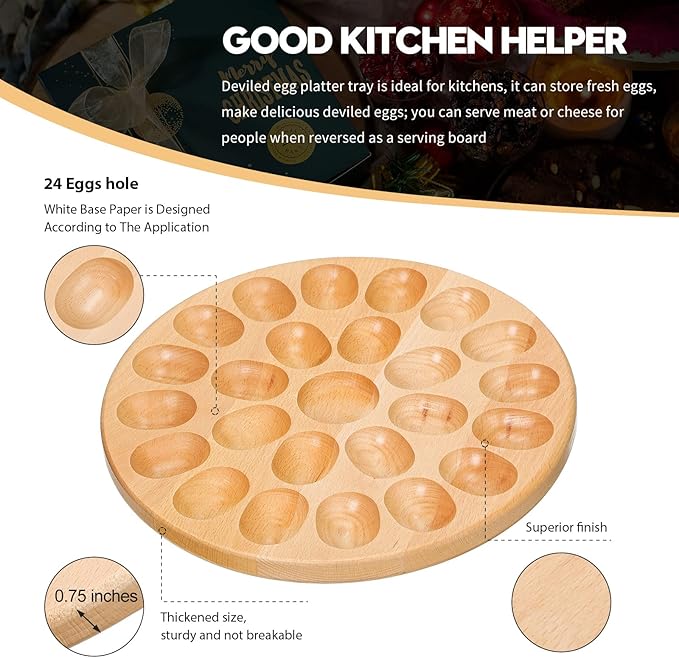 Lounsweer Reversible Wood Deviled Egg Platter and Charcuterie Board Thicken Tray Countertop Refrigerator Chicken Egg Containers Carrier for Easter Christmas(Beech Wood)