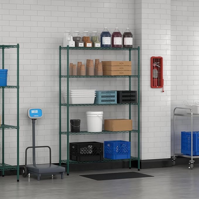 Commercial NSF Listed Green Epoxy Stationary Wire Shelving Kit 12" x 48" x 74", with 5 Shelves Perfect for Warehouse, Walk-in Refrigerator, Freezer, Grocery Store, Restaurant, Dishroom
