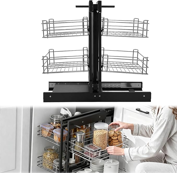 Blind Corner Cabinet Pull Out Home Kitchen Slide Out Storage Organizer Corner Pull-Out Basket Widen Cabinet Organizer Double-Layer Bowls Storage Shelf