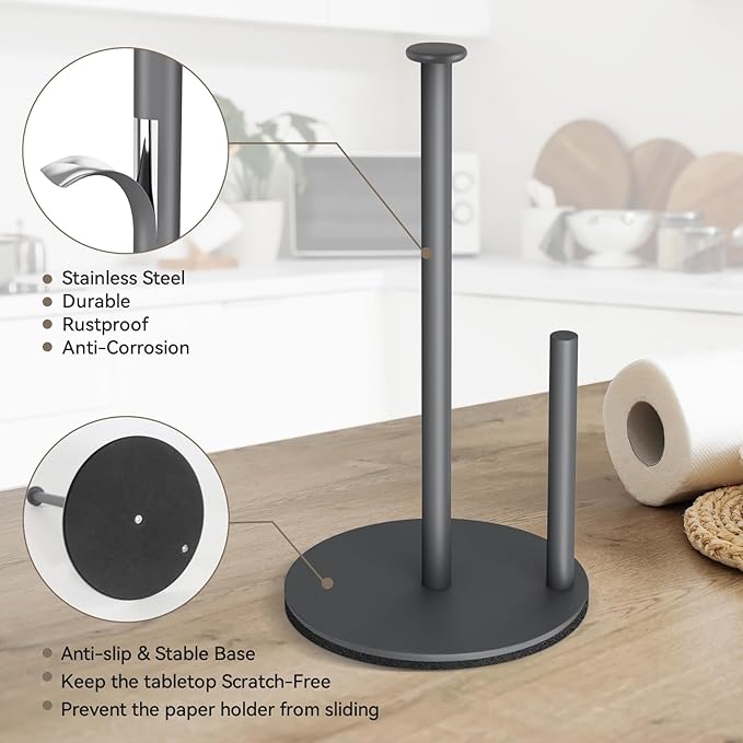 Paper Towel Holder Countertop, Standing Paper Towel Roll Holder for Kitchen Bathroom, Kitchen Paper Towel Stand Holder, Stainless Steel Paper Towel Holder (Grey)