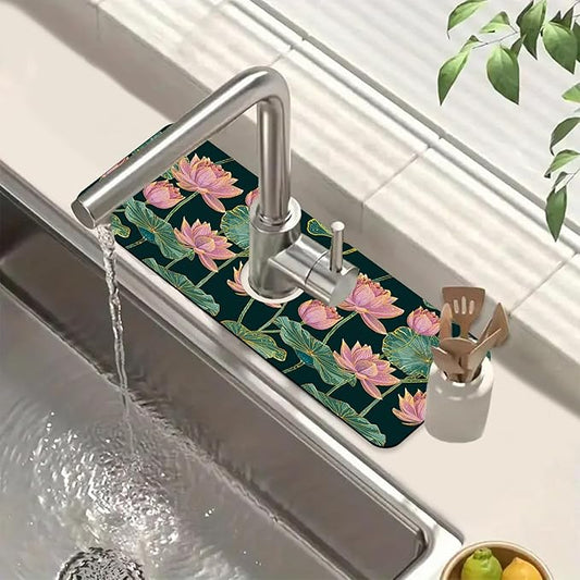 Lotus Pond Pattern Sink Splash Guard Faucet Mat Lotus Flowers Leaves Super Absorbent Fast Drying Mat Sink Gadgets-Splash Guard Behind Faucet Drip Catcher for Kitchen Bathroom, 15.5"x5.5"
