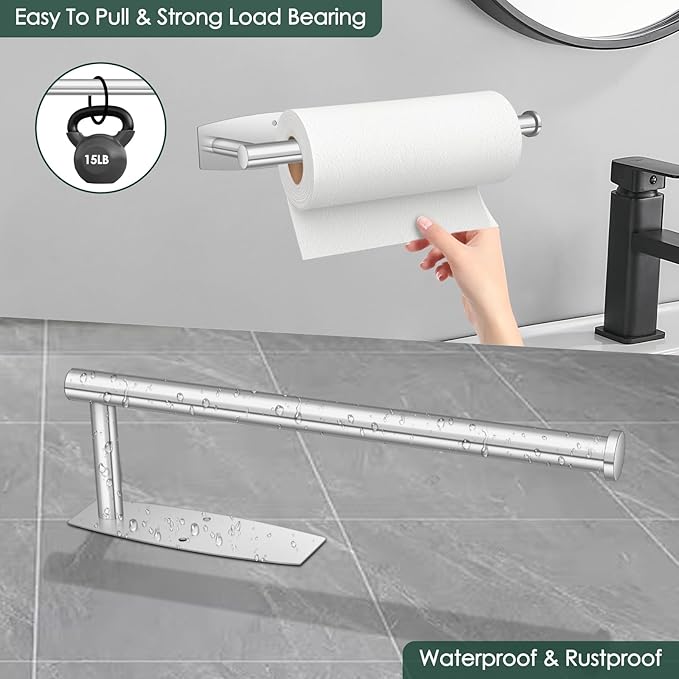 Paper Towel Holder, Self Adhesive or Drilling Paper Towel Holder Under Cabinet for Kitchen, Bathroom, Sink, Pantry, Fridge, Stainless Steel Paper Towel Roll Rack (Silver)