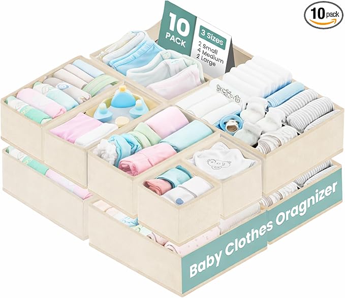 RFAQK Drawer Organizer Clothes-Dresser Organizer Bins for Baby Cloth-Organization and Storage for Underwear Bra Socks-Foldable Fabric Closet Divider for Bedroom, Nursery Essentials (Beige, 10 Pack)