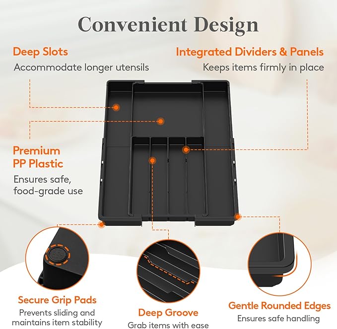Lifewit Silverware Drawer Organizer, Expandable Utensil Tray for Kitchen, BPA Free Plastic Flatware and Cutlery Organizer, Adjustable Storage for Spoons Forks, Fits 8.9-14.3x11.3-19.3x1.7 Inch, Black