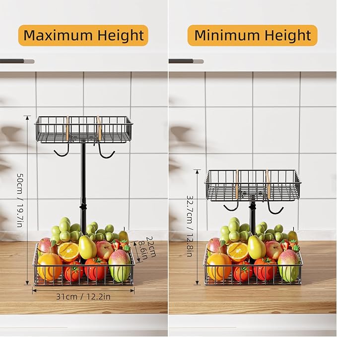 4-Level Adjustable Height Fruit Basket for Kitchen Countertop, 2-Tier Fruit Bowl with Removable Banana Hooks, Kitchen Organizer for Banana, Vegetable, and Snack Storage