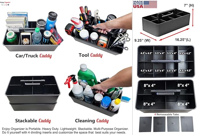 Enjoy Organizer - 5 Extra Large Portable Carry Caddy, Black, Carrier for Cleaning Supplies, Tools, All-Purpose Carry Caddy Made In USA