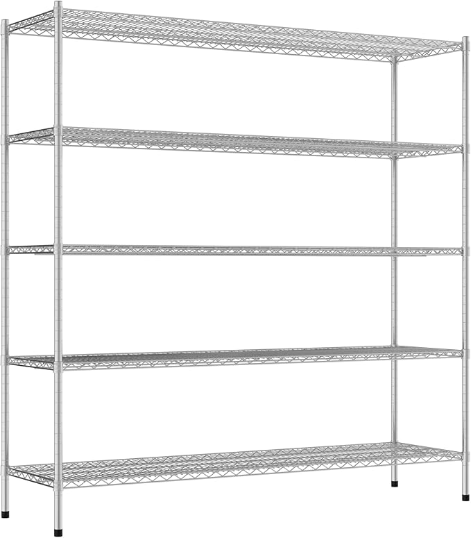 Commercial NSF Listed Chrome Stationary Wire Shelving Kit 21" x 72" x 74", with 5 Shelves Perfect for Warehouse, Walk-in Refrigerator, Freezer, Grocery Store, Restaurant, Dishroom
