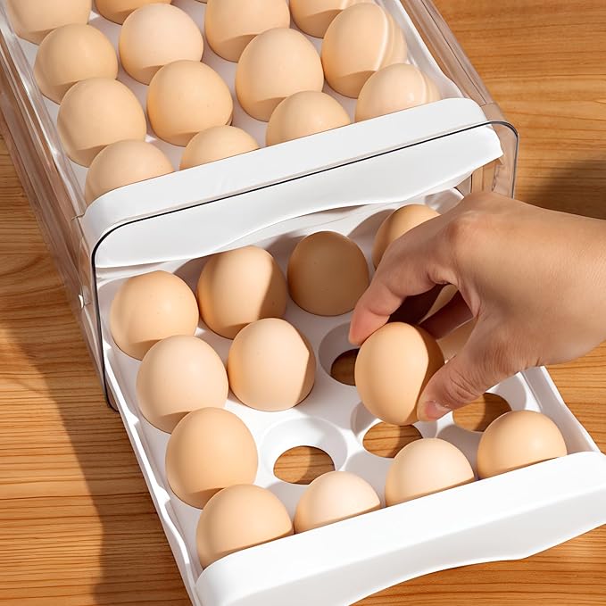 Egg Holder for Fridge,32 Grid/2 Layer Egg Holder,Egg Container for Refrigerator,With Drawer,Multi-function Egg Organizer for Refrigerator, Suitable for Kitchen, Refrigerator, Countertop.