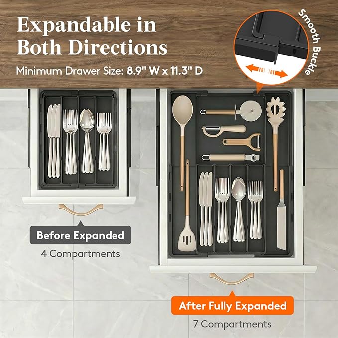 Lifewit Silverware Drawer Organizer, Expandable Utensil Tray for Kitchen, BPA Free Plastic Flatware and Cutlery Organizer, Adjustable Storage for Spoons Forks, Fits 8.9-14.3x11.3-19.3x1.7 Inch, Black