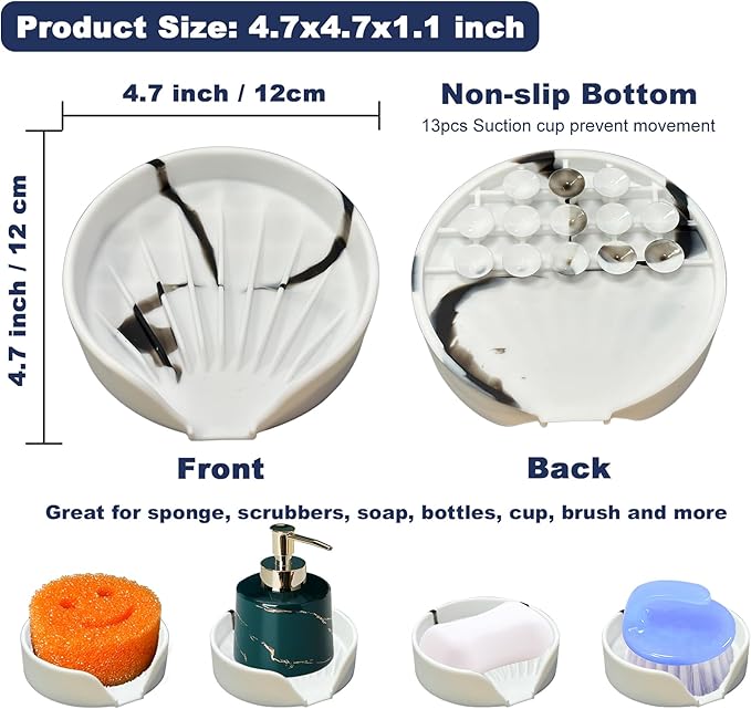 Self Draining Soap Dish, Silicone Soap Holder with Suction Cup and Drain Spout, Kitchen Bathroom Sink Organizer, Dish Soap Bar Tray Savers Sponge Holder, Perfect for Dispenser, Scrubber, Bottle, Cup