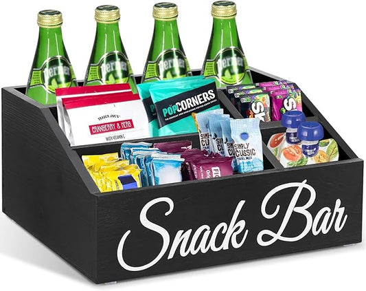 Snack Organizer for Countertop, Wooden Snack Tray and Food Storage Bins, Large 5-Compartment Snack Basket for Pantry, Kitchen Cabinet Pantry Organizer and Storage Bins for Packets