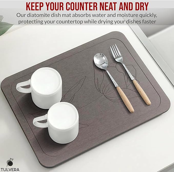 Stone Dish Drying Mat for Kitchen Counter – Diatomaceous Earth Drying Mat | Fast-Absorbing, Minimalist Design, Durable Diatomite | Non-Slip, Heat Resistant, Easy-to-Clean | 16"x12" | USA Brand