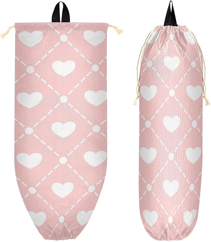 Plastic Bag Holder Wall Mount Grocery Bag Shopping Bag Storage Holder Organizer Dispenser with Adhesive Hook,for Kitchen Bathroom Home Decor 9x22inches Pink Heart