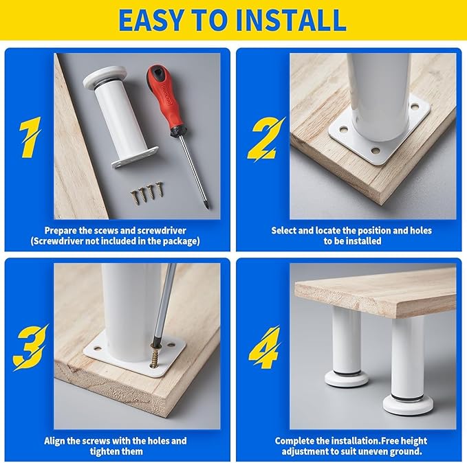 6 PCS Adjustable Height Bed Support Legs for Bed Frame/Bed Center Slat, Heavy Duty Furniture Replacement Legs 7.08-12.2 inch for Sofa/Cabinet/Couch/Dresser/Table (White)