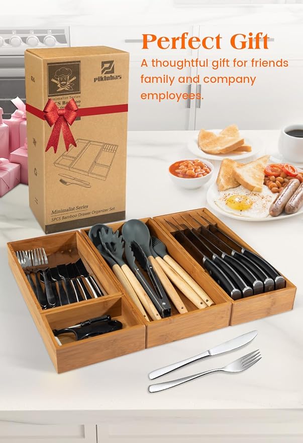Carbonized Bamboo Kitchen Silverwar Drawer Organizer,14.2 inch Length Natural Utensil Flatware Organizers Tray Storage for Spoons Forks & Knives