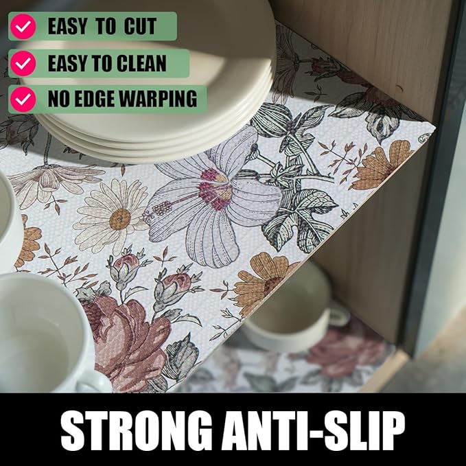 Floral Drawer Shelf Liners, 16IN x 20FT Non Adhesive and Strong Non-Slip Cabinet Drawer Shelf Liners for Kitchen Wire Fridge, Waterproof Shelf Liner,Easy to Clean
