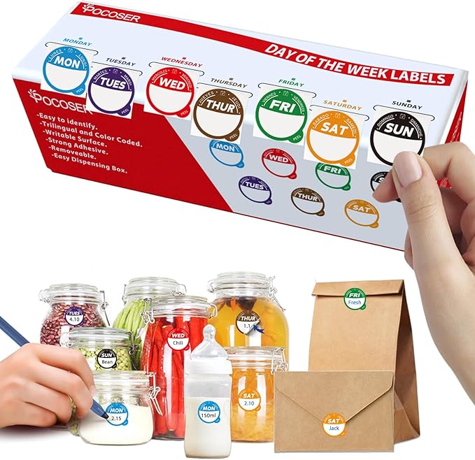 POCOSER Label Stickers for Food Containers with Dispenser Box, Removable Day Dot Food Labels Peel Tab 7 Day of The Week for Home Freezer Restaurant Supplies Week Monthly Planners Meal Prep Accessory