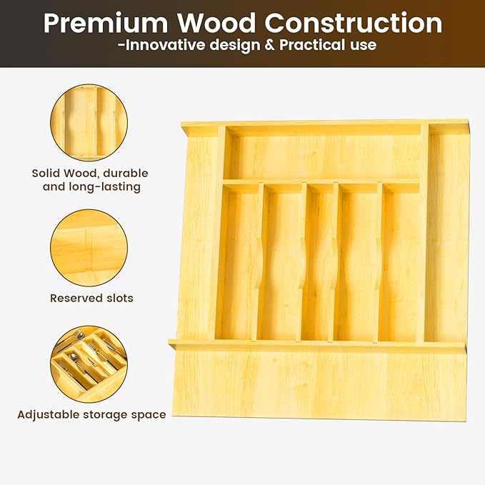 Silverware Drawer Organizer Wood with Adjustable Partition for Kitchen Utensil Cutlery Flatware Cabinet Storage Compartment Tray Insert with Dividers (19.2" W x 19.5" D x 2.5" H)