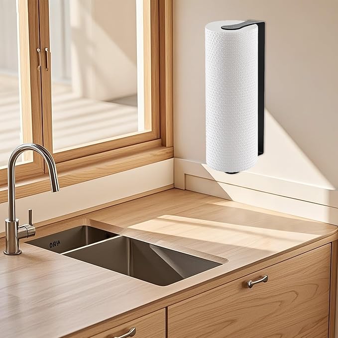 Under Cabinet Paper Towel Holder, Stainless Steel Paper Towel Holder – Wall Mount or Under Cabinet Mount Paper Roll Holder for Kitchen & Bathroom (Black)