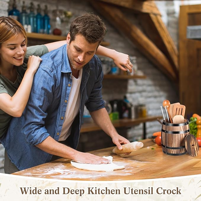 8" x 6.5" Wine Barrel Design Kitchen Utensil Crock with lid Large Wood Cooking Tool Holder for Kitchen Counter Rustic Organizer for Spatula Whiskey Barrel Storage Container Planter Decoration
