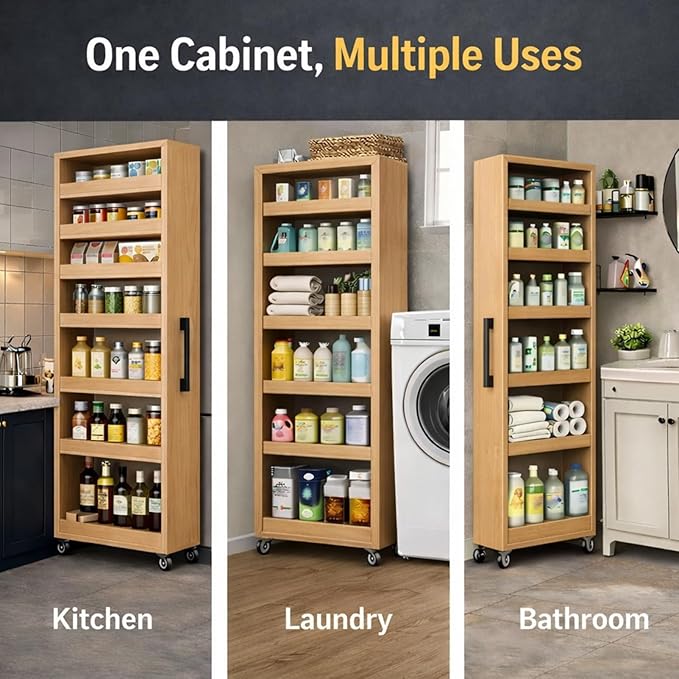 7 Tier Slim Rolling Storage Cart with Wheels, Narrow Storage Cabinet for Small Spaces, Mobile Spice Rack Organizer for Kitchen, Pantry, Baking Room, Dining Room(Wood,7.9"x19.7"x72.4")