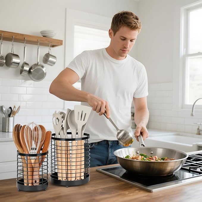 Utensil Holder, 7.7"+6" Stainless Steel Utensil Holder for Kitchen Counter, Cooking Tools Spatula, Silverware Forks, Knives, Spoons Utensil Crocks Organizer Drying Rack, Set of 2