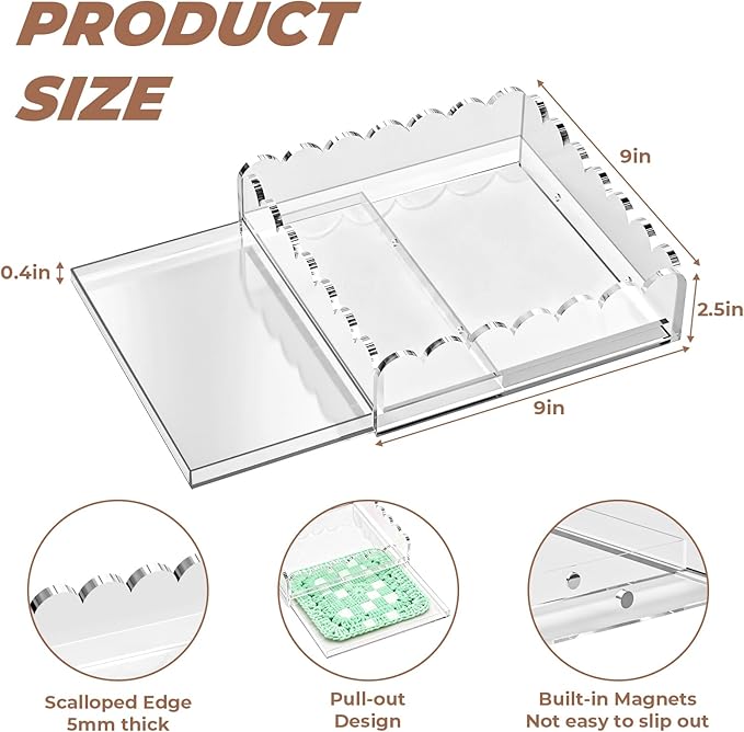 Acrylic Tray for Needlepoint, 9 x 9 Inch Clear Scalloped Acrylic Decorative Tray with Upgraded 2 Magnets Drawer Display for Insert Photo, Fabric Square Organizer Tray for Home Decor