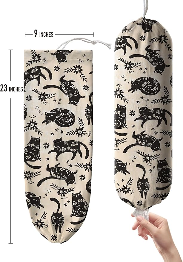 Hglian Black Cat Plastic Grocery Bag Holder,Cute Vintage Flowers Plastic Shopping Bags Organizer Storage Keeper for Kitchen,House Warming Gifts for Women Cat Lover