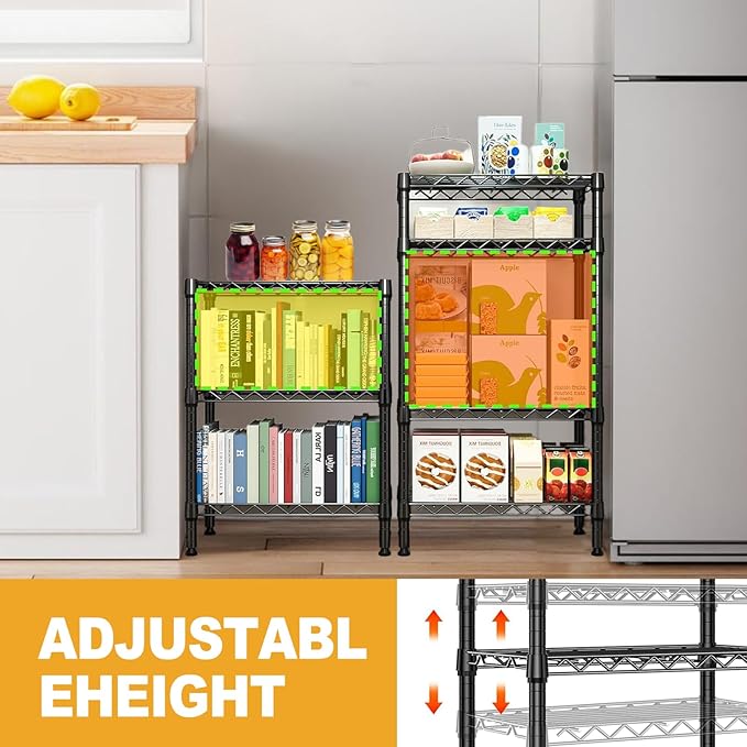 Heavy Duty Stainless Steel Kitchen Storage Rack, Adjustable Shelf Organizer with Non-Slip Mats, Black, for Cabinets, Countertops, Pantries (5-Tier Rack)