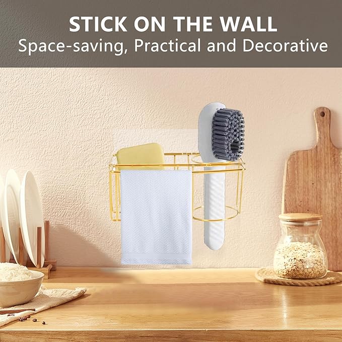 3-in-1 Adhesive Sink Caddy Kitchen Sink Organizer,Stainless Steel Sponge and Brush Holder for Kitchen Sink,Suitable for Sponges,Dish Cloth,Scrubbers, Soap, Kitchen, Bathroom.Gold