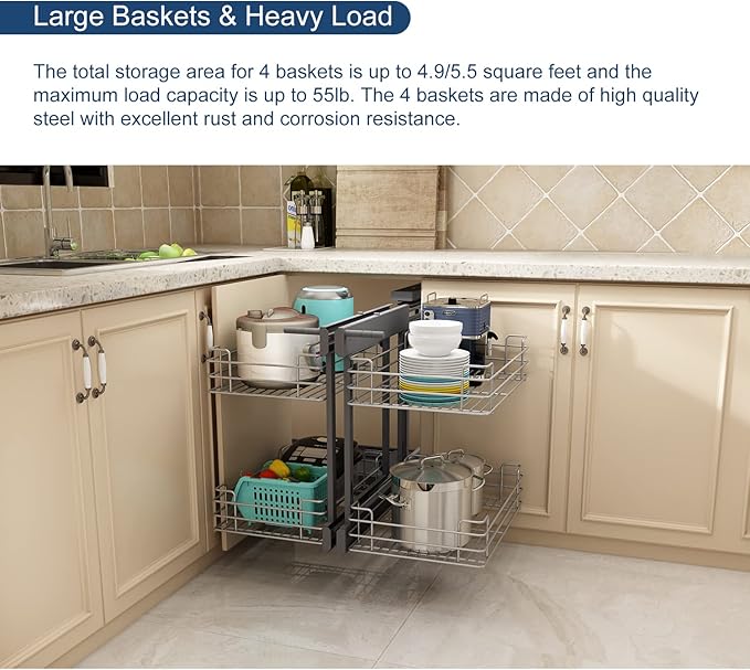 VADANIA Blind Corner Pull Out Organizer for 36" Cabinet, Left Open & Right Open Compatible, Min Opening 15", 2-tier Pull-out Basket, Soft Close, Bottom Mount