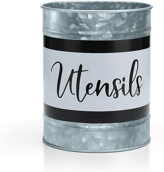 Home Acre Designs Kitchen Utensil Holder - Farmhouse Crock for Countertop Utensils, Black & White