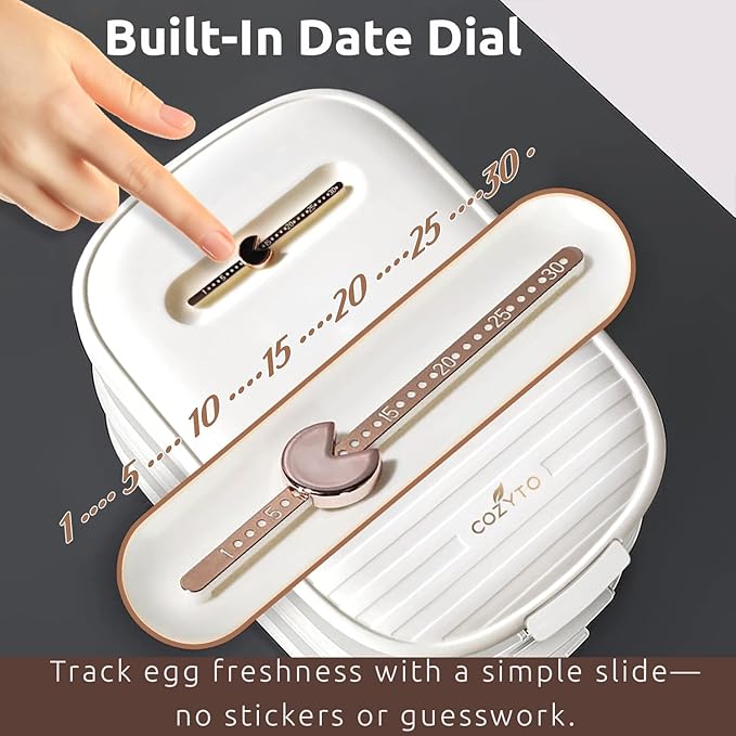 COZYTO Premium EggNest 2-Layer Egg Holder for Refrigerator – Stackable Egg Storage Tray with Sliding Date Dial Lid | Holds 44 Eggs | BPA-Free, Durable & Space-Saving (White Lid & Transparent Box)