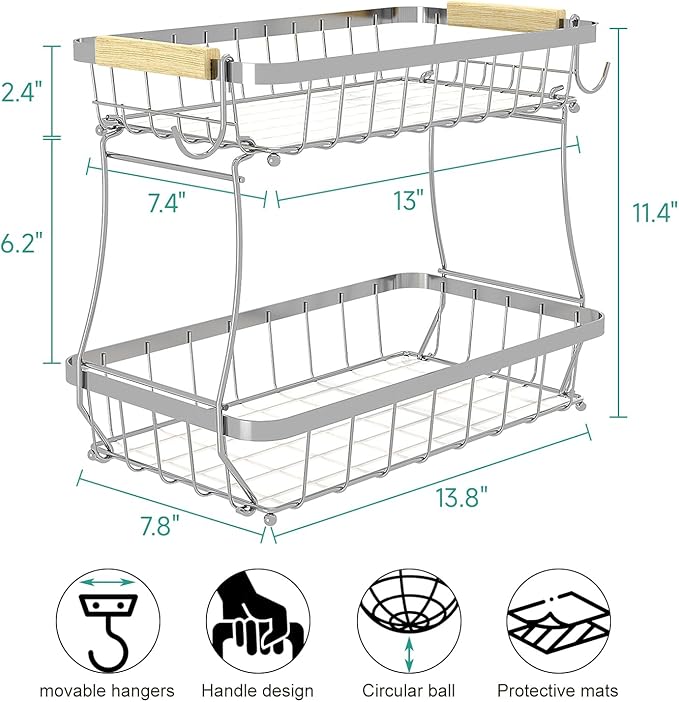 2 Tier Large Fruit Basket for Kitchen Counter with 2 Mobile Banana Hangers, 2026 Pro Detachable Metal Fruit Bowl with Wooden Handle (Silver, 2 Tier)