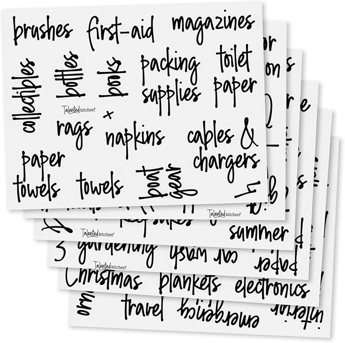 Talented Kitchen Removable Storage Bin Labels - Preprinted Water-Resistant Script Labels - Easy Peel-Off Decals for Home Organization - Garage Organization Stickers - Pack of 136, 1.25" Rectangles