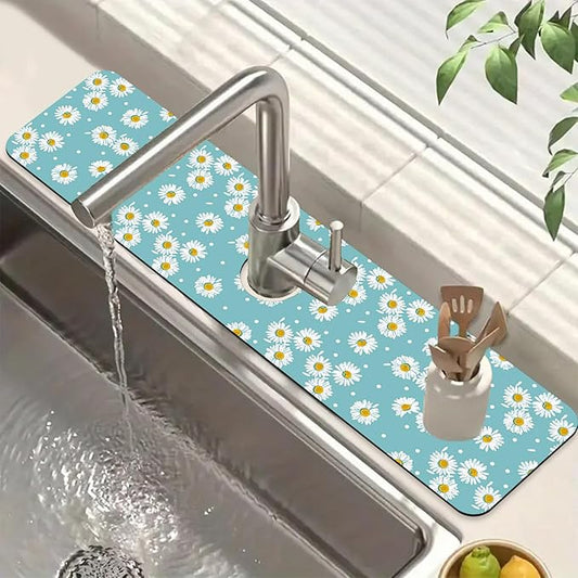 Cute Daisy Sink Splash Guard Faucet Mat White Daisies Super Absorbent Fast Drying Mat Sink Gadgets-Splash Guard Behind Faucet Drip Catcher for Kitchen Bathroom, 23.5"x5.5"