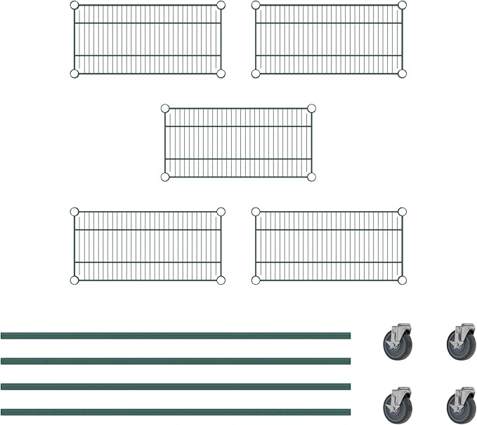 Commercial NSF Listed Green Epoxy Mobile Wire Shelving Kit 12" x 24" x 60", with 5 Shelves Perfect for Warehouse, Walk-in Refrigerator, Freezer, Grocery Store, Restaurant, Dishroom